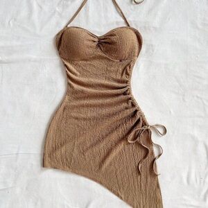 Tan Halter Tie-Up Drawstring Textured Fabric Asymmetrical Hem Dress